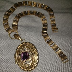 Victorian Gold Tone Book Chain Necklace W/ Locket